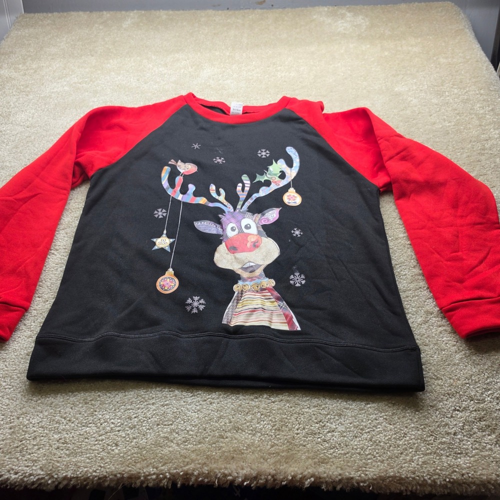 Christmas Reindeer Raglan Sweatshirt Black Red Patchwork Graphic Pullover XL